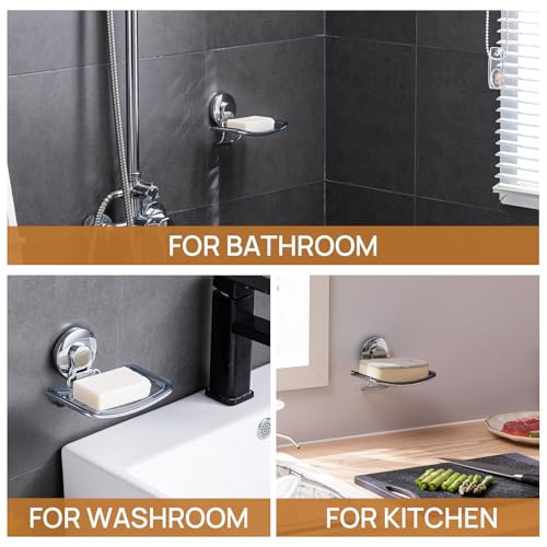 LEVERLOC Chrome Suction Cup Soap Dish Holder for Shower Wall Drill-Free Rustproof Waterproof Wall Mount Strong Suction Removable Bar Soap Sponge Holder for Bathroom Bathtub Kitchen - style: 1 tier Chrome