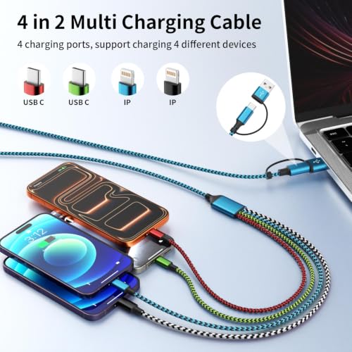 4 in 2 Multi Charging Cable,USBA/ C Charging Cords for Multiple Devices - color: White&Green&Red&Blue