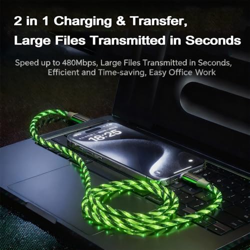 USB Cable PD Fast Charger Lighted Up (USB C TO C Starry Green)Mobile phone data cable, charging cable, supports data transfer, 39-inch, TPE material, compatible with almost all Type-C devices - color: USB C TO C Starry Green