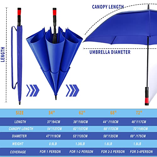 62/68/72 Inch Large Golf Umbrella Windproof Waterproof Auto Open | Oversized Double Canopy Vented, 210T Waterproof Pongee Fabric, Light Fiberglass Frame, Unique Red Foam Handle - color: Royal Blue-Red Handle, size: 62"