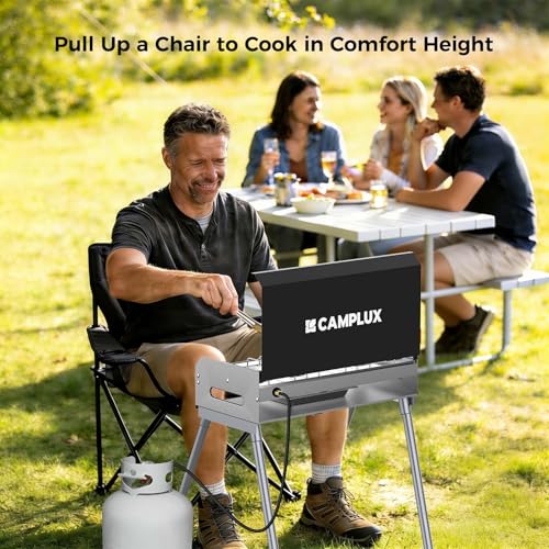 CAMPLUX 2 Burners & 1 Grill Propane Camping Stove, 15,000 BTU Portable Outdoor Propane Camping Grill Burner with Free Standing Legs, Auto-Ignition Gas Stove with Regulator, Black - color: Black