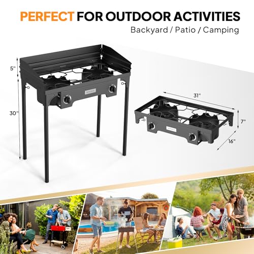 ROVSUN 2 Burner Outdoor Camping Stove with Wind Panel, 150,000 BTU Propane Burner, Gas Cooker with Detachable Legs & CSA Regulator for Home Camp Paito Cooking Frying Canning - style: 2-Burner