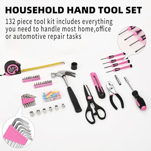 HANGYING 132-Piece Home Tool Kit for Women with Plastic Toolbox Pink | All Purpose Home Repair Tool Set with Storage Case, Women Small Tool Kit, Garage Office College Dorm & DIY Projects Use - color: Light Pink