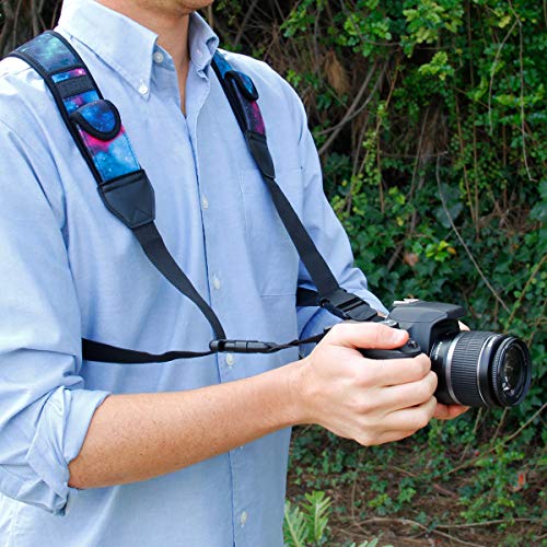 USA Gear DSLR Camera Strap Chest Harness with Quick Release Buckles, Galaxy Neoprene Pattern and Accessory Pockets - Compatible with Canon, Nikon, Sony and More Point and Shoot and Mirrorless Cameras - color: Galaxy