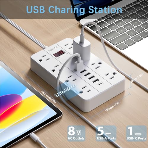 Flat Extension Cord, HUNIAN 10Ft Flat Plug Power Strip, White | 8 Widely Spaced Outlets 6 USB (1 USB C Port), Wall Mount Charging Station for Home and Office - color: White, size: 10FT