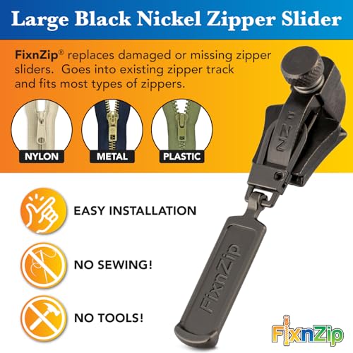 FixNZip Large Black Nickel Zipper Repair Kit | Universal No-Sew Slider Replacement for Heavy Jackets, Wetsuits, Boat Covers, and Luggage | Instant and Reusable Zipper Repair Tool | Sizes 8-10 - color: Black Nickel, size: Large