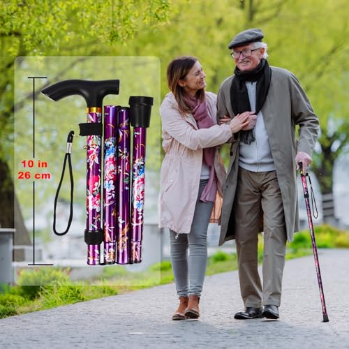 MFE Folding Cane, Portable 5-Level Adjustable Height Walking Stick with Foldable Design, Wrist Strap, and T Handle for Men and Women - color: Purple Floral