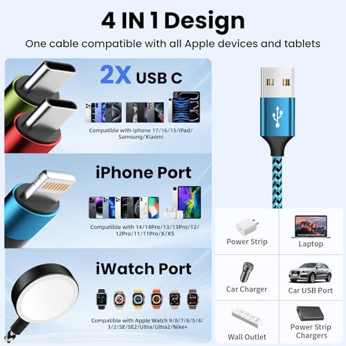 Travel Essentials 4 in 1 Multi Charging Cable for iWatch Charger, 2Pcs 5FT | Travel Charging Cords for Multiple Devices with Dual Type-C/IP/iWatch Charger, Travel Cable for iWatch Ultra/11-2, iPhone17-8 - color: Blue