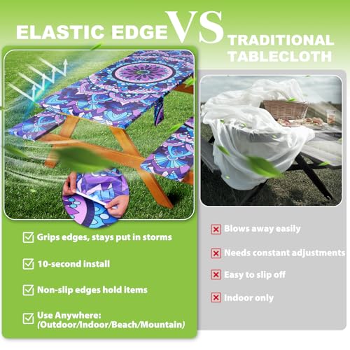 Wrakus Picnic Table Cover with Bench Covers Vinyl Elastic Edges Fitted Rectangle Tables Seat Waterproof 3-Piece 96X30in Set Outdoor Rectangular Folding Backing Tablecloth Camping Over Size Mandala - color: Purple Mandala, size: 96in