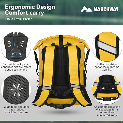 MARCHWAY Roll Top Waterproof Backpack, Floating Dry Bag 20L/30L/45L with Ergonomic Rectangular Base, Cushioned Back, Hip Strap for Hiking Camping Kayaking Travel (Yellow, 45L) - color: Yellow, size: 45L