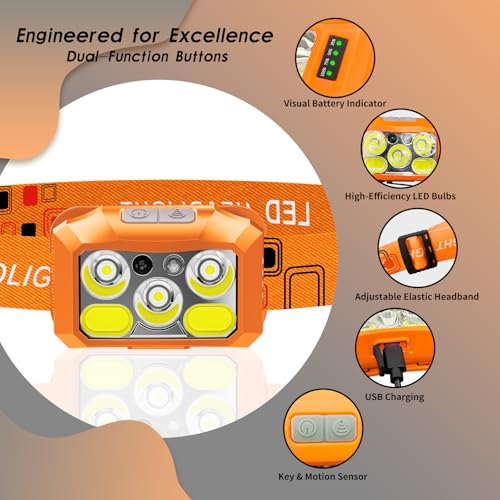 Headlamp Rechargeable LED, 800 Lumens with Red & White Light, 8 Modes, Motion Sensor, USB-C Charging, IPX4 Waterproof (1, Orange) - color: Orange