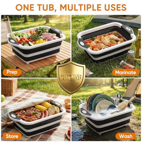 Collapsible BBQ Prep Tub with Lid, Foldable Camping Sink with Colander, Cutting Board, Dish Basin for Kitchen, Bowl, Vegetable and Fruit, Storage Basket for Picnic-Black - color: Black