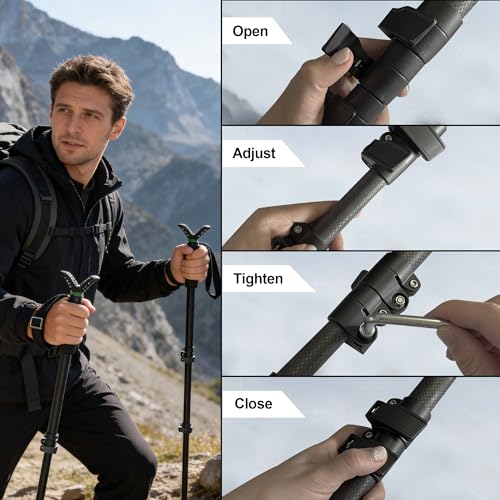 UUQ M4 Carbon Fiber Monopod Shooting Stick and Gun/Rifle Rest, 4-Section Adjustable Height, Durable and Lightweight Versatile Trekking Pole, Portable Compact for Hunting, w/Spike Foot