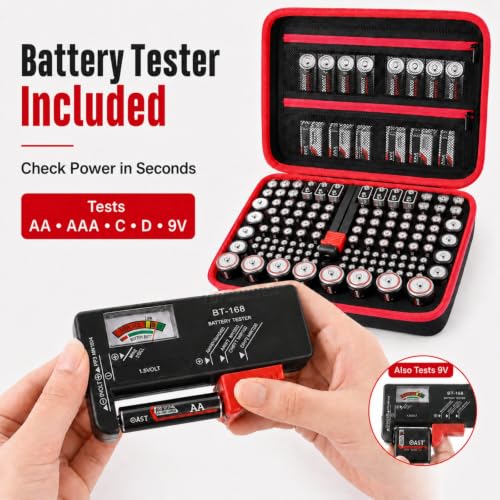 Comecase Battery Organizer Case with Tester, Holds 162+ AA AAA C D 9V - size: Large 162+Batteries