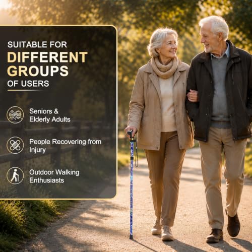 supregear Folding Cane, 5-Level Adjustable Height Walking Stick Lightweight Collapsible Portable Travel Cane with Wrist Strap and T Handle for Elderly Disabled Men Women - color: Dark Blue Floral