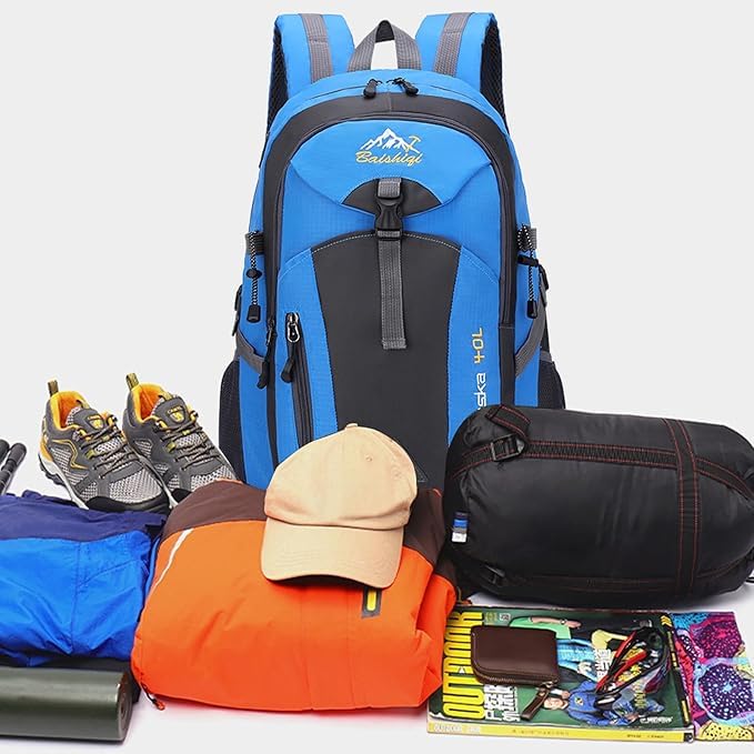 Men’s 40L Waterproof Hiking Backpack, Lightweight Foldable Daypack with Multi Pockets, Laptop Compartment, Breathable Polyester Rucksack for Outdoor Camping, Walking, Travel-Blue - color: Blue