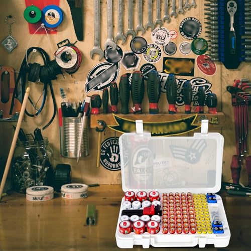 Battery Organizer Storage Case with Tester Checker. Batteries Holder Box Container for 120+ AA AAA 9V C D Lithium CR2025 CR1632 CR2032 Coin Cell Battery with Wall-Mounted Design -Transparency - color: White