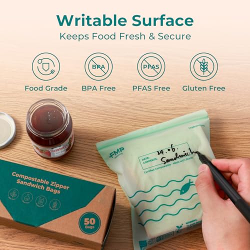 Fit Meal Prep 50 Pack 100% Compostable Sandwich Bags, 6.5 x 6.7" Resealable Food Storage Freezer Bags, Eco Friendly Snack Bags for Travel, ASTM D6400, US BPI & EU OK Compost Certified - style: Sandwich