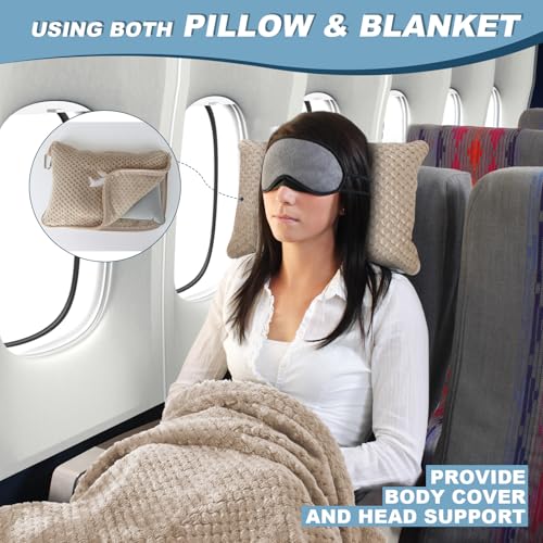 Travel Blanket Airplane Compact with Bag, Travel Essentials 3 in 1 Packable Airplane Blanket, Travel Pillow and Blanket Set, Inflatable Pillow, Luggage Sleeve & Backpack Clip (Camel) - color: Camel