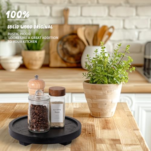 Round Decorative Tray Farmhouse Kitchen Decor Soap Dish, 8" Black | Waterproof, Lightweight, Easy Clean, Wood Riser Pedestal Stand Accessories for Office Desk, Vanity, Counter, Sink - color: Black, size: 8"