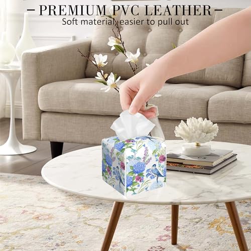 Leather Tissue Box Holder Bird with Blue Hydrangea Tissue Box Cover Square Waterproof Tissue Holder Organizer Modern Napkin Holder for Bedroom Dresser Night Stand Office Desk - color: Bird With Blue Hydrangea
