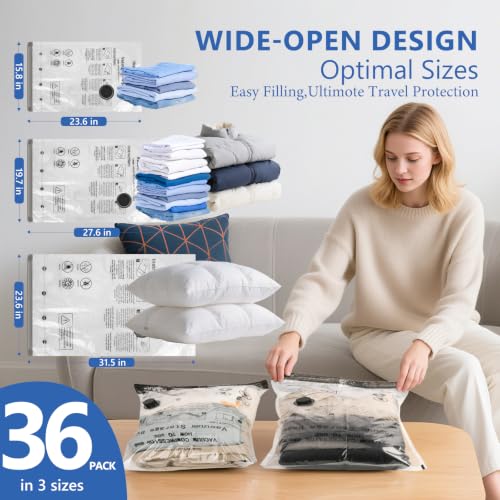 36 Pcs Travel Vacuum Bags for Clothing with Rechargeable Wireless air Pump - size: 36 Combo Size (Blue)