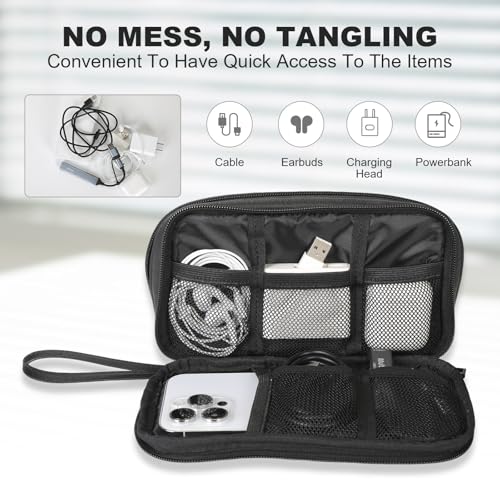 Travel Cable Organizer Bag, Electronic Accessories Leather Pouch, Portable Waterproof Double Layers All-in-One Storage Bag for Cord, Charger, Phone, Earphone (Black, Small)