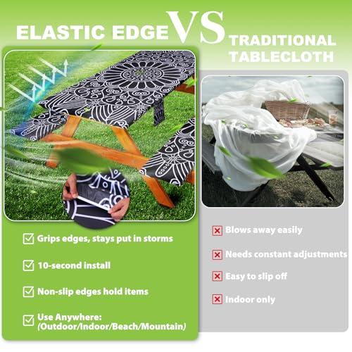 Picnic Table Cover with Bench Covers Vinyl Elastic Edges Fitted Rectangle Tables Seat Waterproof 3-Piece 96X30in Set Outdoor Rectangular Folding Backing Tablecloth Camping Over Size BlackMandala - color: Black Mandala, size: 96in