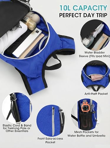 Foldable Small Hiking Backpack with 3 Strap Pockets – Lightweight 300D Spill-proof Daypack for Men Women – Packable Small Travel Backpack with Chest Strap & Trekking Pole Holder – Durable Outdoor Bag - color: Royalblue-