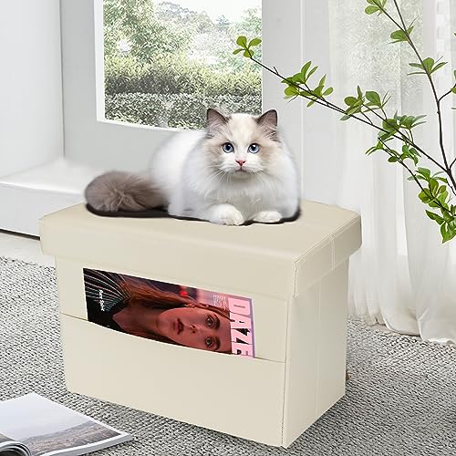 AmasSmile Ottoman with Storage,16" Folding Leather Foot Rest Chest,Beige - color: Beige Crosshairs 1 Pack., size: 16"*12"*12"with side pockets