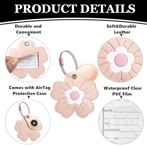 PU Leather Luggage Tag with Airtag Holder Case Set and Name ID Label - color: Pink Flower