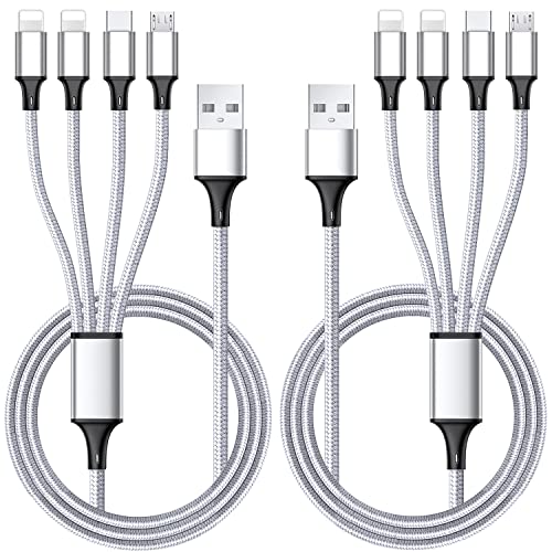 Multi Charging Cable, Multi USB Cable Universal 4 in 1 Multiple USB Cable | Fast Charging Cord with Type-C, Micro USB Connectors for Cell Phones Tablets, Silver 2Pack 4FT - color: Silver