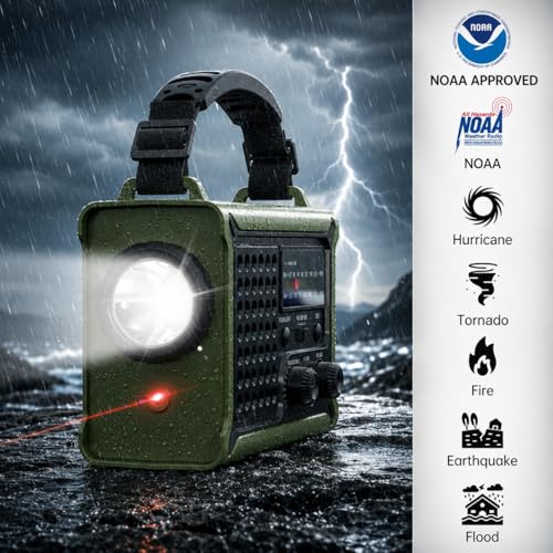12000mAh/44400mWh Emergency Radio, NOAA Weather Radio, Hand Crank & Solar - color: Amy Green