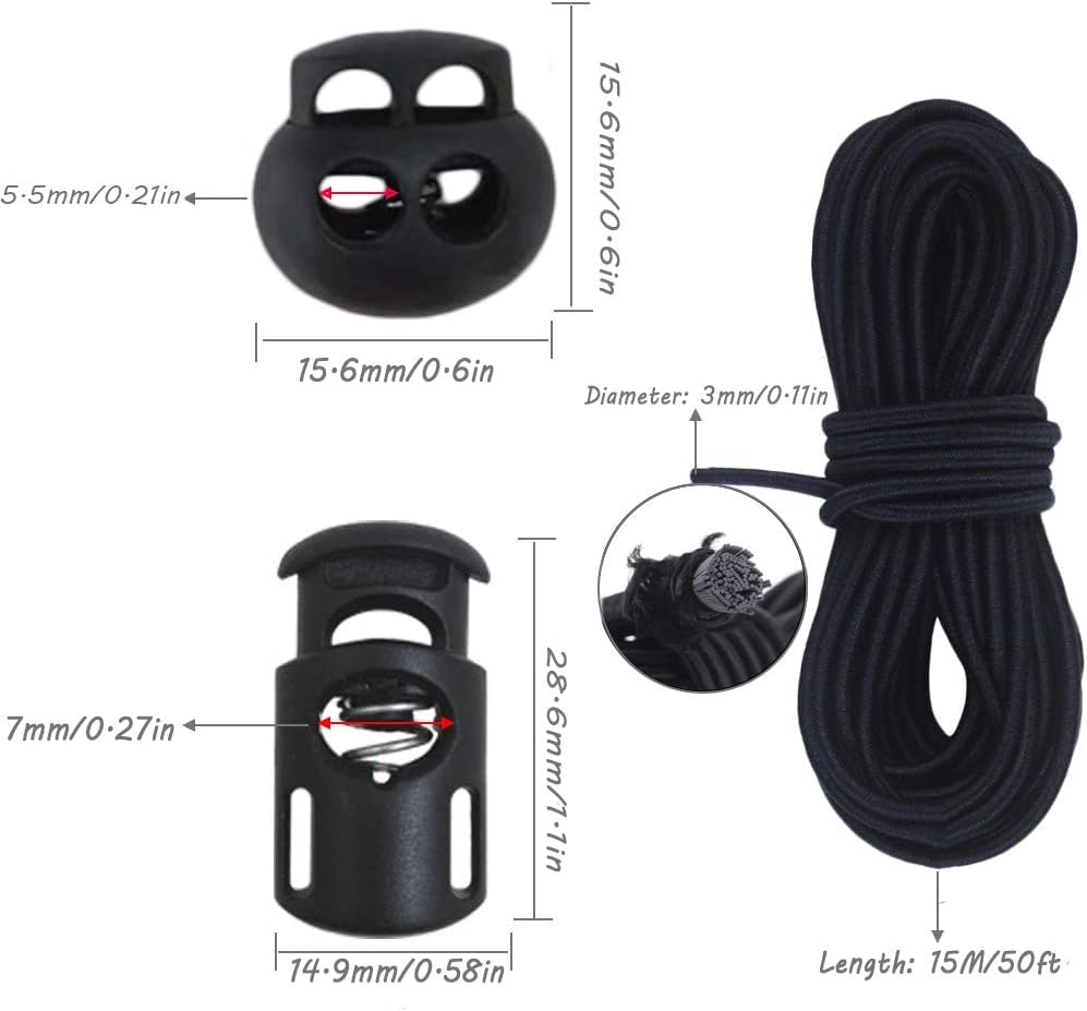 30pcs Plastic Cord Locks with 1/8-Inch 50ft Elastic Cord Heavy Stretch Round String, 10Pcs Sing-Hole, 10pcs Double-Hole Spring Toggle Stopper Slider (3mm-Black)