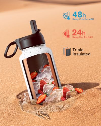 Coolflask 32 oz Water Bottle Insulated with Straw & 3 Leakproof Lids | Water Flask Stainless Steel Triple-Wall Vacuum,Cold 48+h, Dishwasher Safe,Wide Mouth,BPA-Free,Carrier Bag,for Gym,Hiking - color: Arctic White, size: 32 Ounces