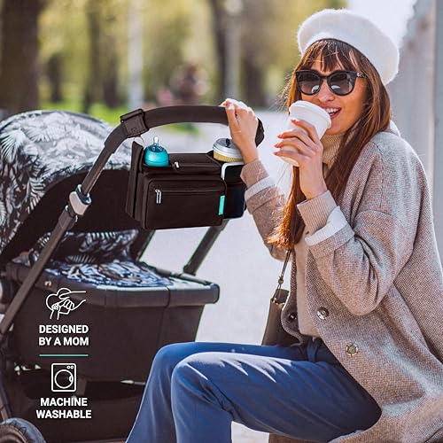 Swanoo Stroller Caddy Organizer, Cup Holder, Wipes Pocket, Non-Slip, Black - color: Black