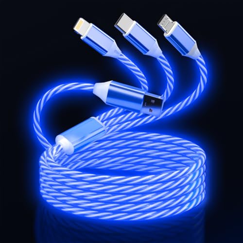 3-in-1 Light Up LED Flowing Lightning/Type C/Micro USB Car Glowing Charge Cable for iPhone,Blue Multi RGB Car Charger Cord for Apple iPhone 15/14/13/12/11 Pro Max/XR/XS/SE,iPad/Android/Samsung-4FT - color: Blue