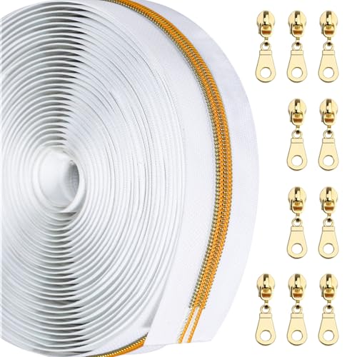 Sawoake 10 Yards Bulk Zipper(#5) Gold Teeth with White Nylon Coil Zipper By The Yards,Can Replace 10PCS Sliders - color: Gold-White-1