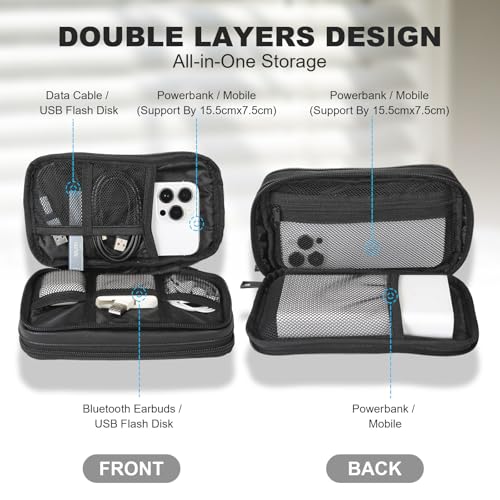 Travel Cable Organizer Bag, Electronic Accessories Leather Pouch, Portable Waterproof Double Layers All-in-One Storage Bag for Cord, Charger, Phone, Earphone (Black, Small)