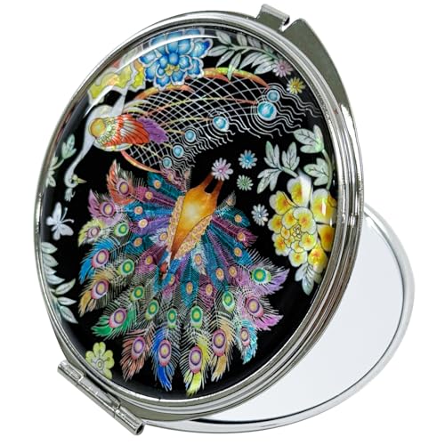 Portable Makeup Compact Double Magnifying Mirror Cosmestic Foldable Pocket Style Unique Mother of Pearl Design (Peacock) - color: Peacock