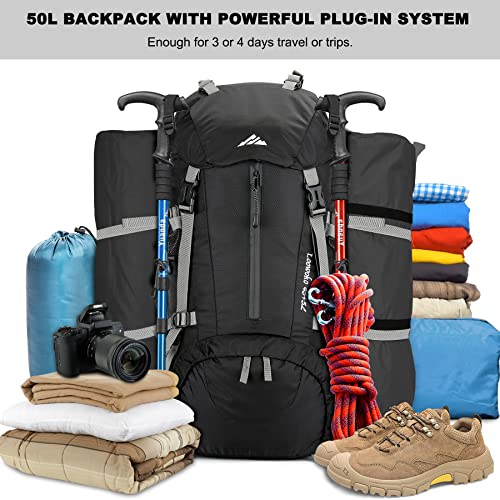 Loowoko 50L Hiking Backpack with Rain Cover for Both Men & Women - color: Black