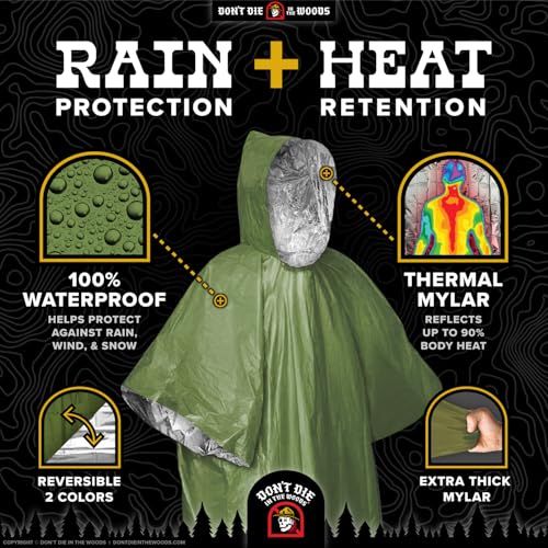 Don’t Die in The Woods – Emergency Poncho – Heat Saving + Rain Protection - color: 4pk Starter Set - Green + Orange