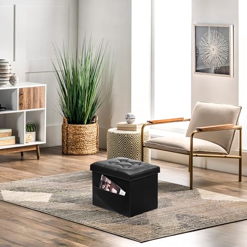 AmasSmile Ottoman with Storage,16" Folding Leather Foot Rest Chest,Black - color: Black 1 Pack, size: 16"*12"*12"with side pockets