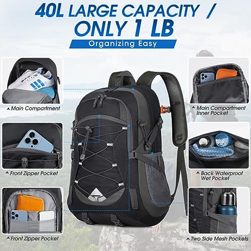IGOLUMON Hiking Backpack 40L Packable Lightweight Camping Daypack Men Women | Multi-compartment storage Water-resistant Foldable Nylon Material Hiking Day pack for Camping Cycling Outdoor - color: Black