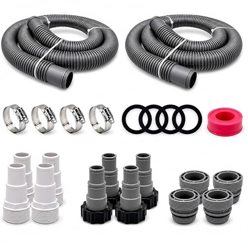 Pool Hose Kit - 1.5 in Connections - 6 ft - Plastic & Steel | 19 Piece Set, Above Ground Systems, Converts 1.25 Ports, ABS Adapters, Alloy Clamps, Thread Tape Included, White
