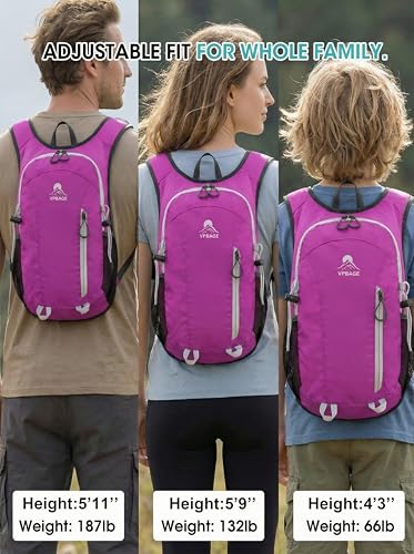 Foldable Small Hiking Backpack with 3 Strap Pockets – Lightweight 300D Spill-proof Daypack for Men Women – Packable Small Travel Backpack with Chest Strap & Trekking Pole Holder – Durable Outdoor Bag - color: Rosered-