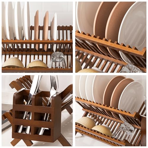 HBlife Dish Rack,Teak Folding 2-Tier Collapsible Drainer Dish Drying Rack with Utensils Flatware Holder Set (Dish Rack with Utensil Holder) - color: Teak-2 Tiers