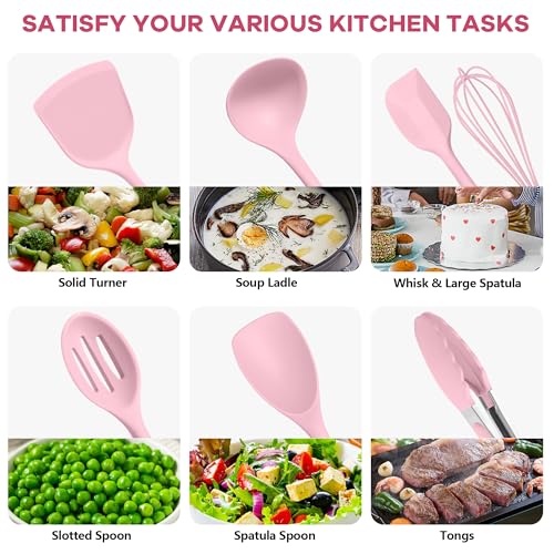 TeamFar Silicone Cooking Utensils, 10 pcs Kitchen Cooking Utensils Set | Heat Resistant Kitchen Gadgets Tools Set w/Spatula, Turners, Spoons, Soup Ladle, Pasta Server for Nonstick Cookware, Pink - color: Pink