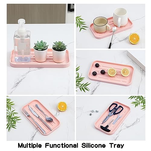 MicoYang Silicone Kitchen Sink Organizer Tray for Multiple Usage,Easy Clean,Eco-Friendly Sponges Holder for Kitchen Bathroom Counter or Sink,Dish Soap Dispenser,Scrubber,Bottle,Cup Pink 10”x 5.3” - color: Pink, size: 10" x 5.3" x 0.7"