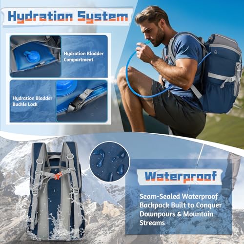 RAINSMORE Foldable Hiking Backpack for Women Men Packable Camping Backpack 40L Waterproof Hiking Daypack Bag Lightweight Collapsible Daypack for Travel Trekking Mountaineering Large Capacity Blue - color: Dark Blue and Grey